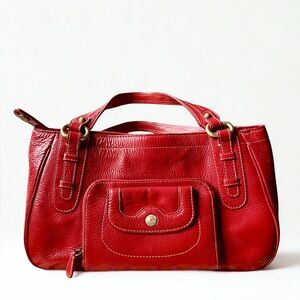Perlina NY Red Patent Leather Bag with Zipper Pockets and Cheetah Interior